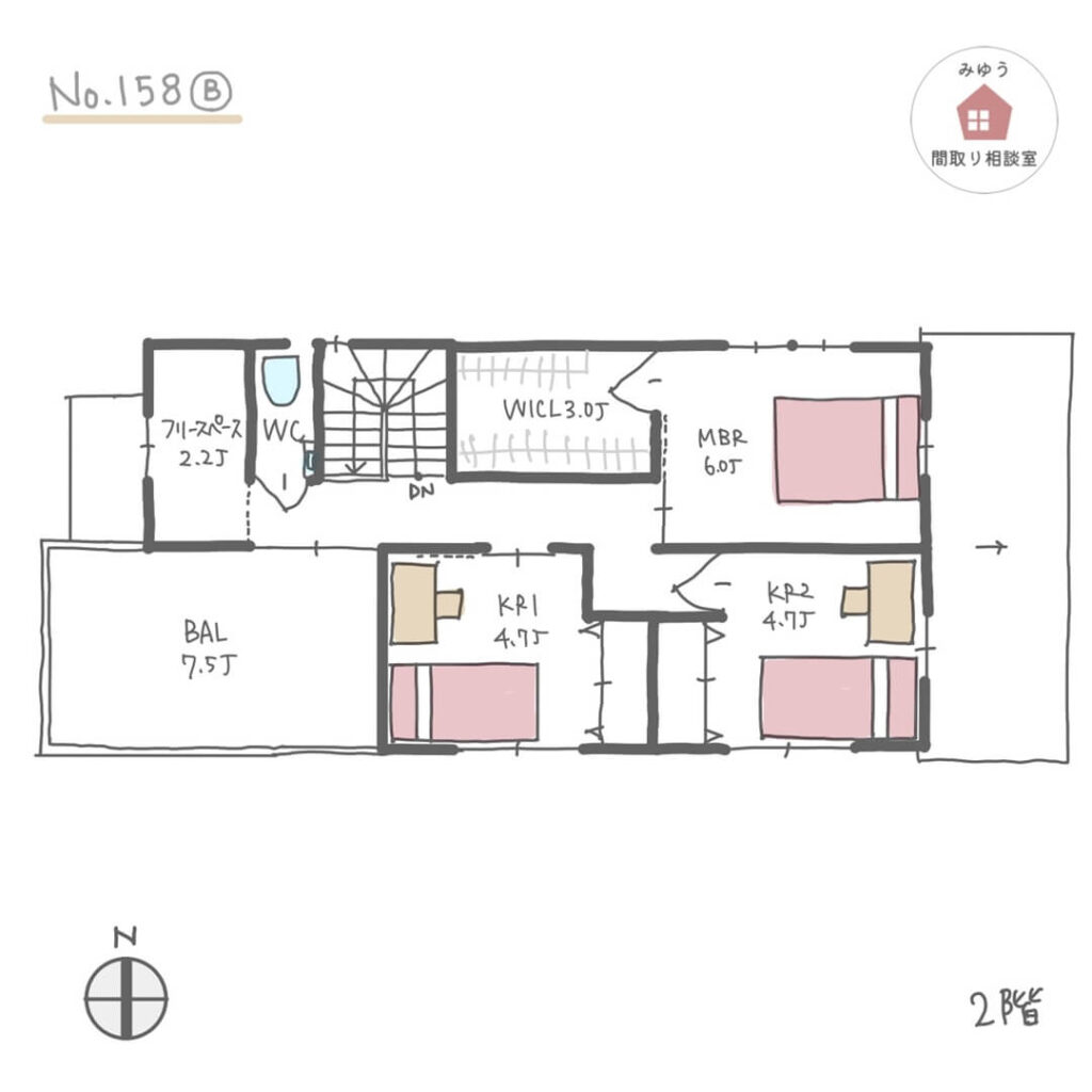 リビング入り口にテレビ裏収納がある東西に細長い間取り【31坪3LDK2階建】No.158B-2階