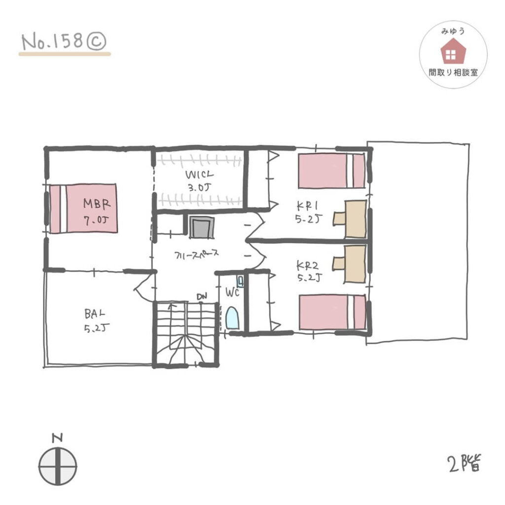 インナーガレージと通り抜けできる土間収納がある間取り【31坪3LDK2階建】No.158C-2階