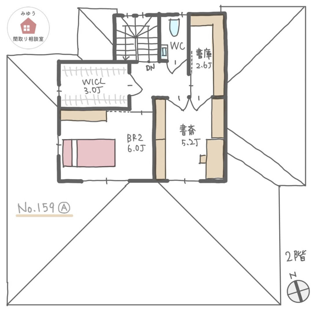 景色を楽しめて、１階に和室に入れる主寝室がある居心地の良い間取り【42坪4LDK2階建】No.159A-2階