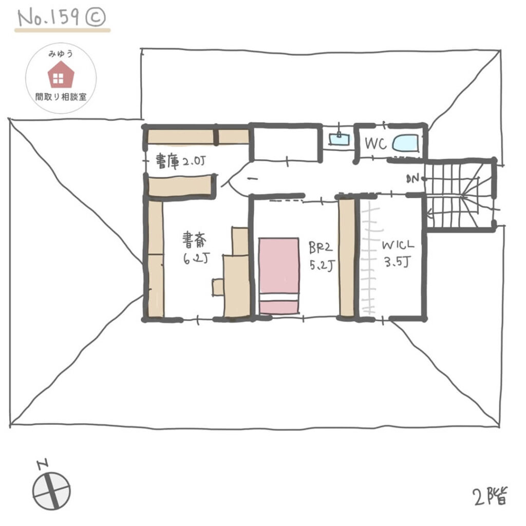 キッチンパントリーを回遊できて、キッチン周りの収納が充実した間取り【42坪4LDK2階建】No.159C-2階