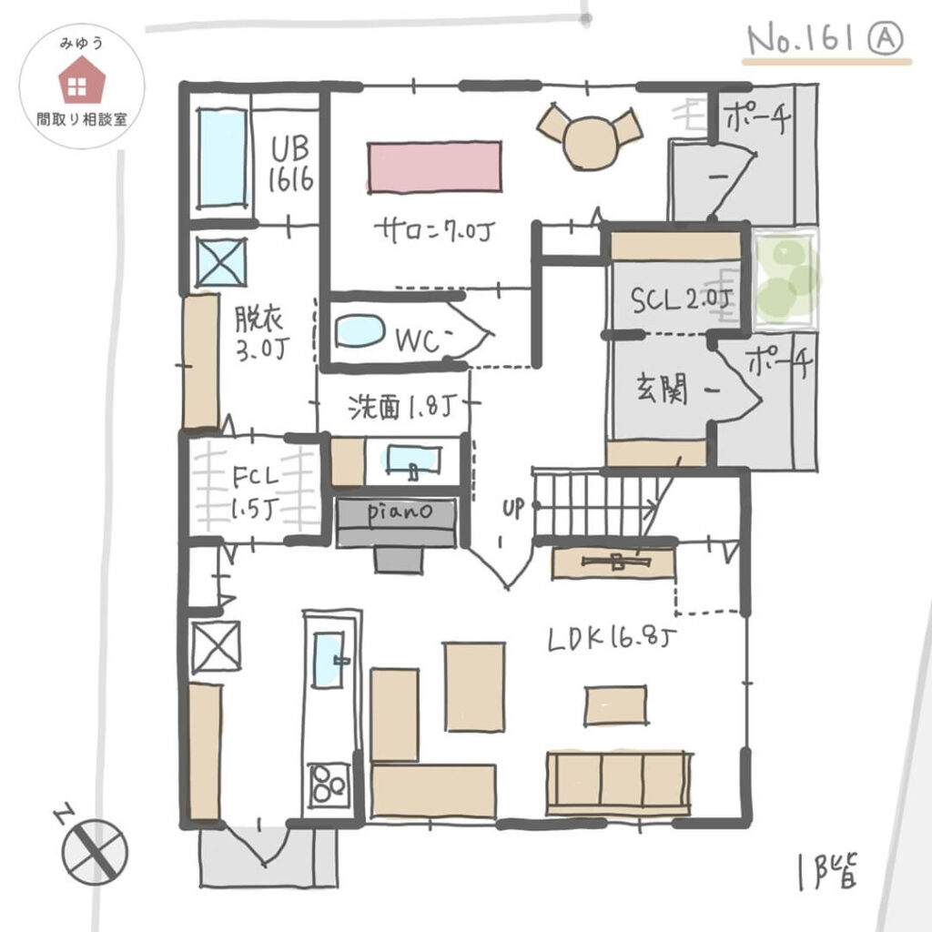 サロンを１室設け、住宅用のトイレを共用できる併用住宅間取り【34坪3LDK2階建】No.161A-1階