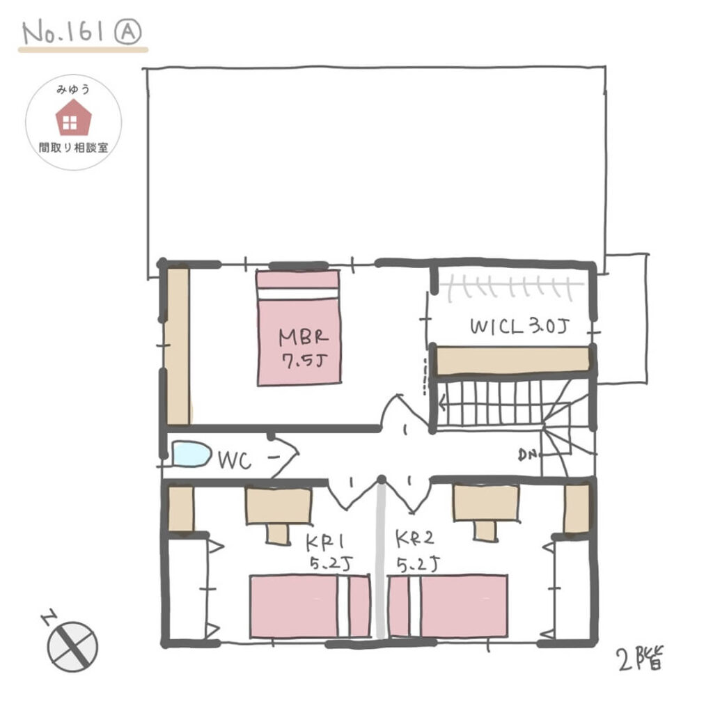 サロンを１室設け、住宅用のトイレを共用できる併用住宅間取り【34坪3LDK2階建】No.161A-2階