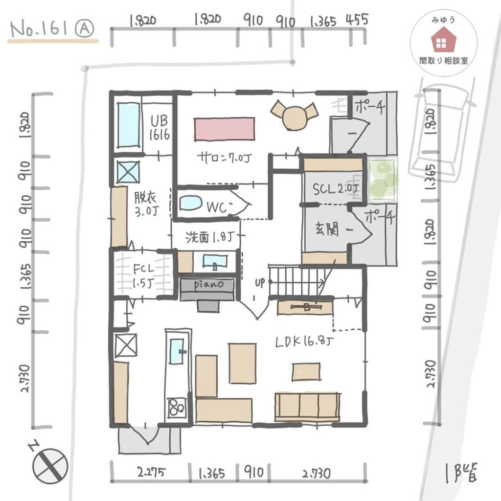 サロンを１室設け、住宅用のトイレを共用できる併用住宅間取り【34坪3LDK2階建】No.161A-寸法有1階