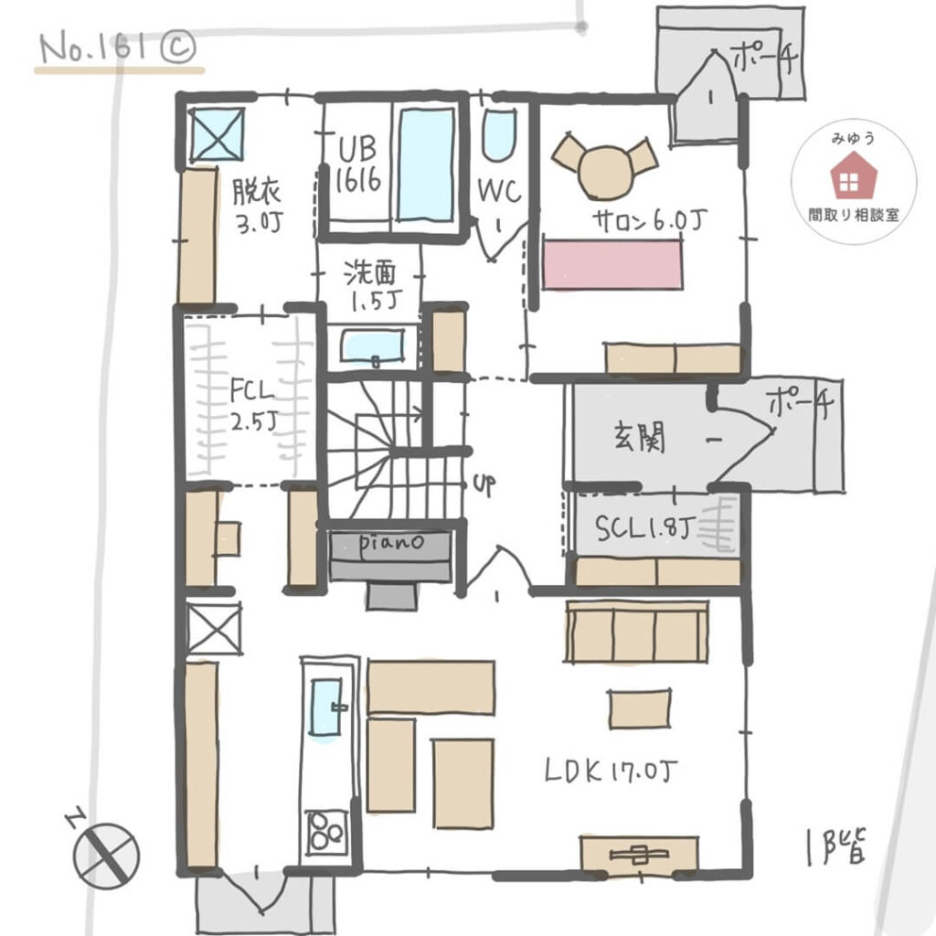 １階にファミリークローゼットがある水回り回遊動線のサロン付き住宅【33坪3LDK2階建】No.161C-1階