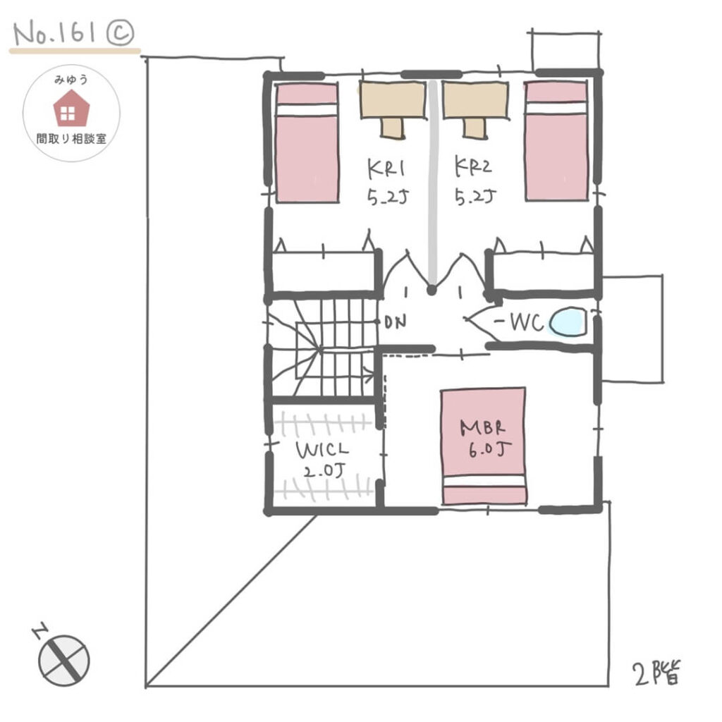 １階にファミリークローゼットがある水回り回遊動線のサロン付き住宅【33坪3LDK2階建】No.161C-2階