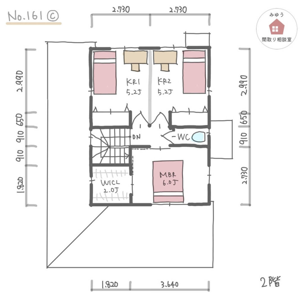 １階にファミリークローゼットがある水回り回遊動線のサロン付き住宅【33坪3LDK2階建】No.161C-寸法有2階