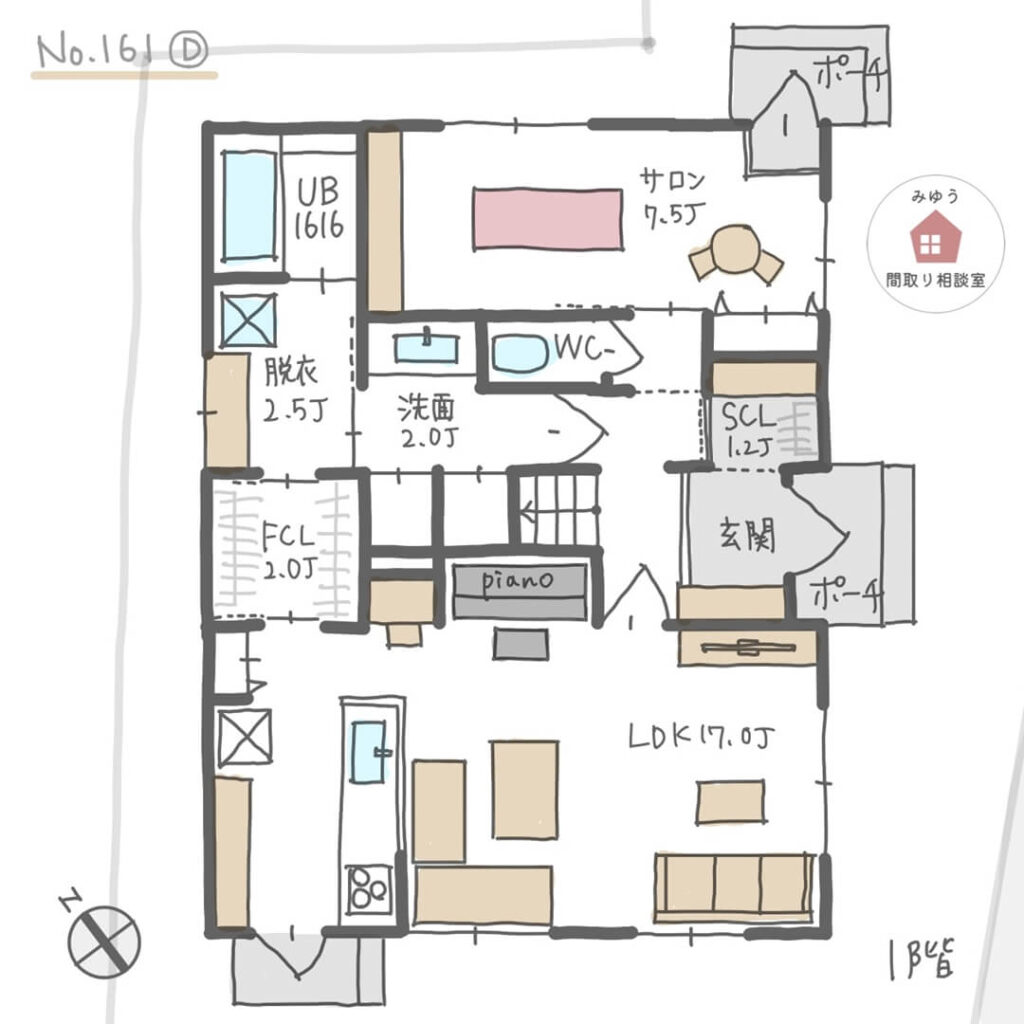 南側にＬＤＫ直線配置のサロン付き住宅の間取り【34坪3LDK2階建】No.161D-1階