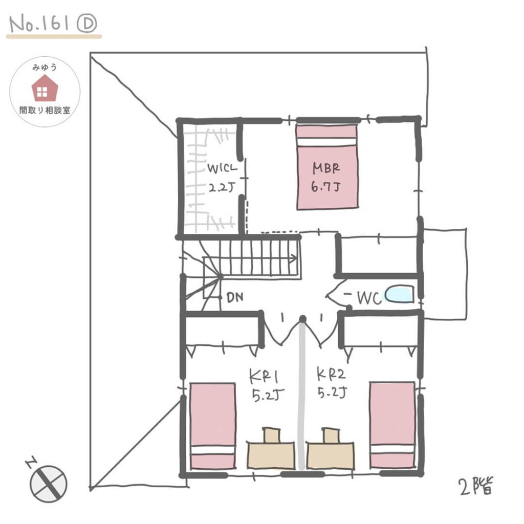 南側にＬＤＫ直線配置のサロン付き住宅の間取り【34坪3LDK2階建】No.161D-2階