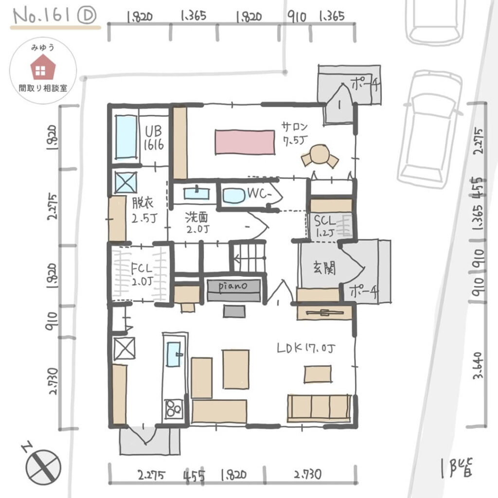 南側にＬＤＫ直線配置のサロン付き住宅の間取り【34坪3LDK2階建】No.161D-寸法有1階