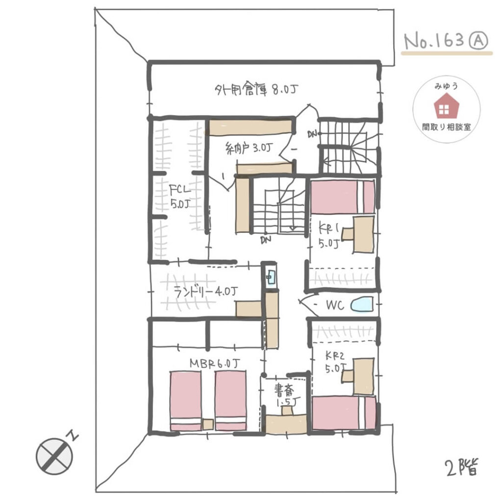 広いインナーガレージと庭に繋がる広いウッドデッキがある間取り【48坪3LDK2階建】No.163A-2階