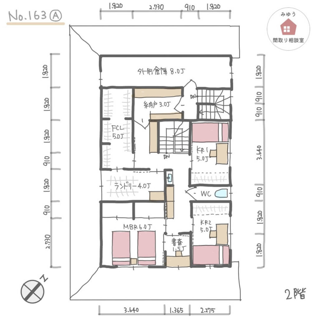 広いインナーガレージと庭に繋がる広いウッドデッキがある間取り【48坪3LDK2階建】No.163A-寸法有1階