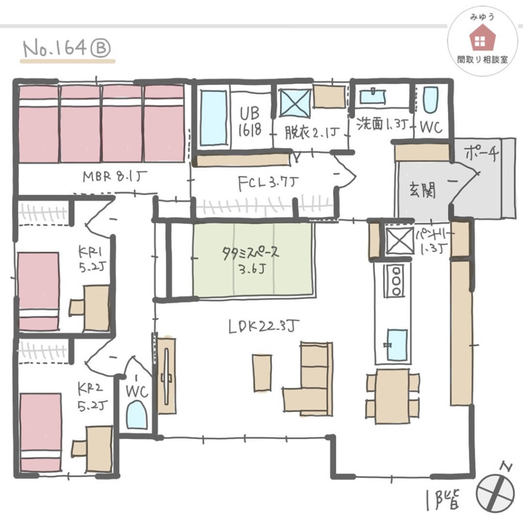 主寝室にシングルベッド４台並べられる平屋間取り【32坪3LDK平屋建】No.164B-1階