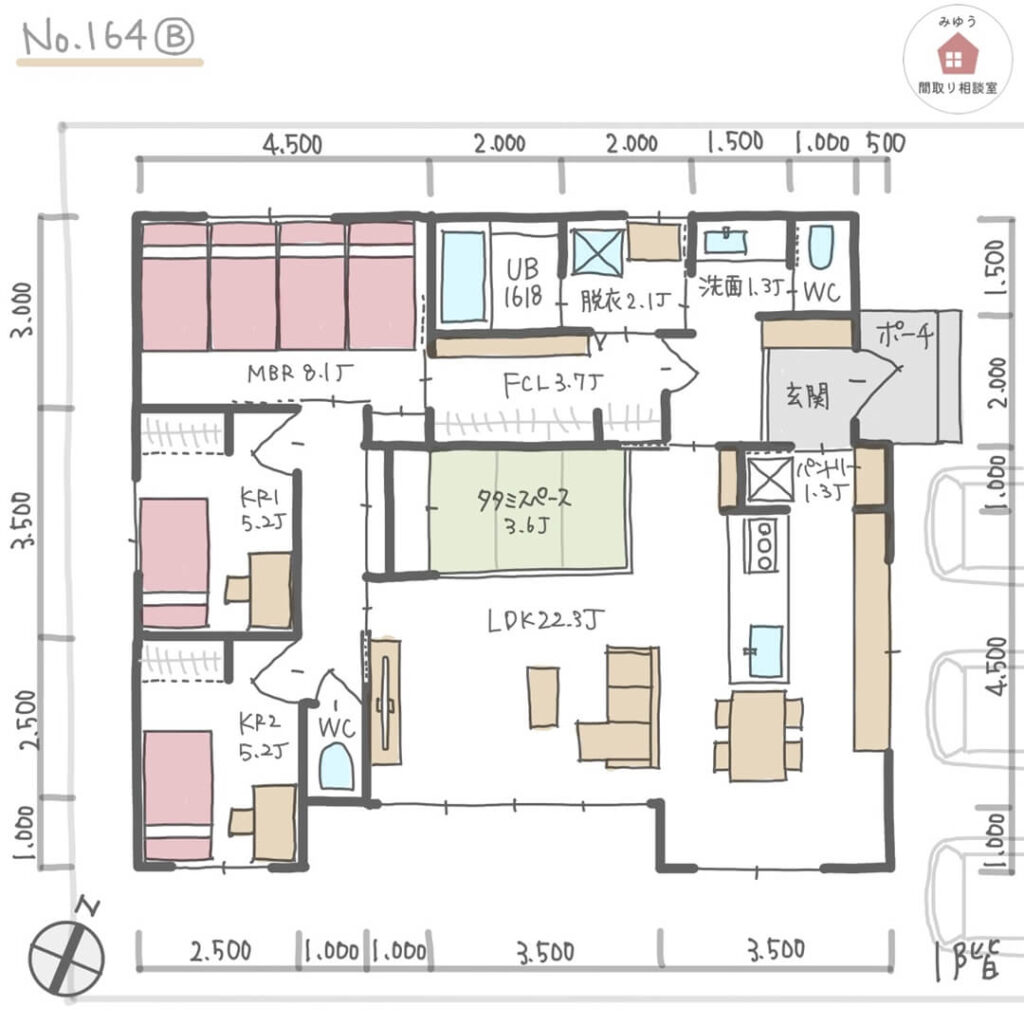 主寝室にシングルベッド４台並べられる平屋間取り【32坪3LDK平屋建】No.164B-寸法有1階