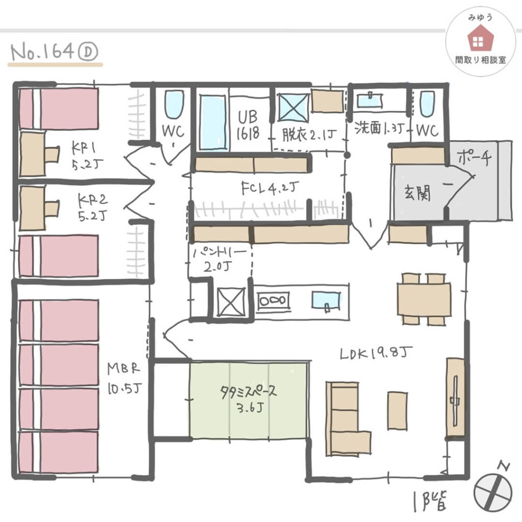 畳スペースとリビングが日当たり良い南側にある間取り【32坪3LDK平屋建】No.164D-1階