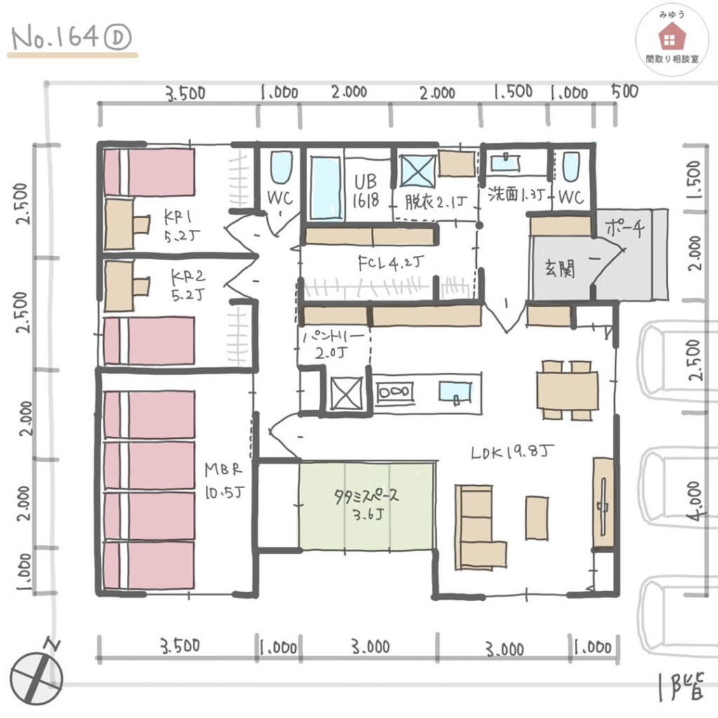 畳スペースとリビングが日当たり良い南側にある間取り【32坪3LDK平屋建】No.164D-寸法有1階