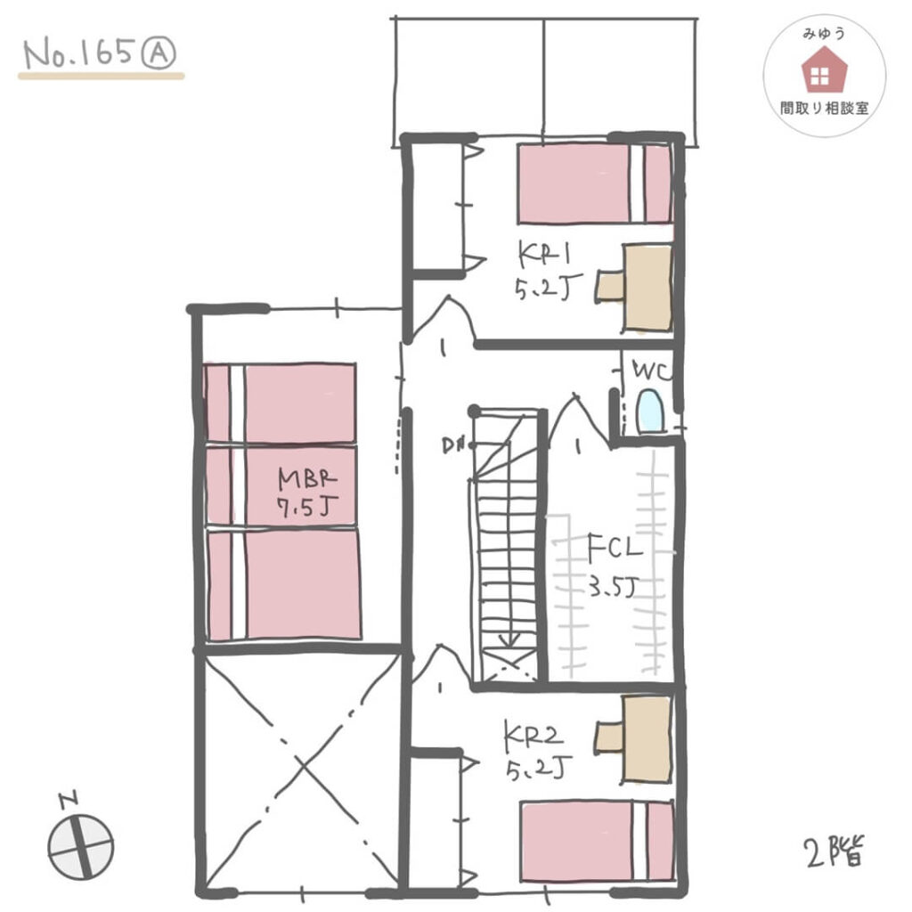 キッチンから水回りを回遊できる家事ラク動線間取り【32坪3LDK2階建】No.165A-2階