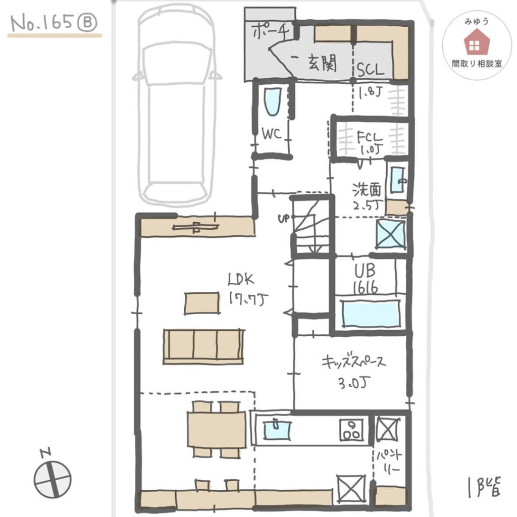 吹抜けでリビングダイニングに光を取り込む都市部住宅の間取り【32坪3LDK2階建】No.165B-1階