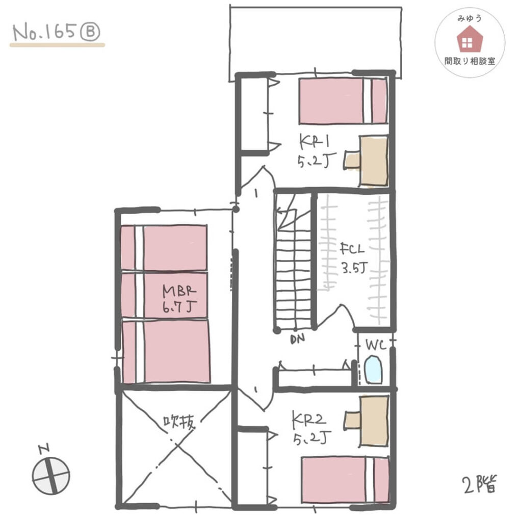 吹抜けでリビングダイニングに光を取り込む都市部住宅の間取り【32坪3LDK2階建】No.165B-2階