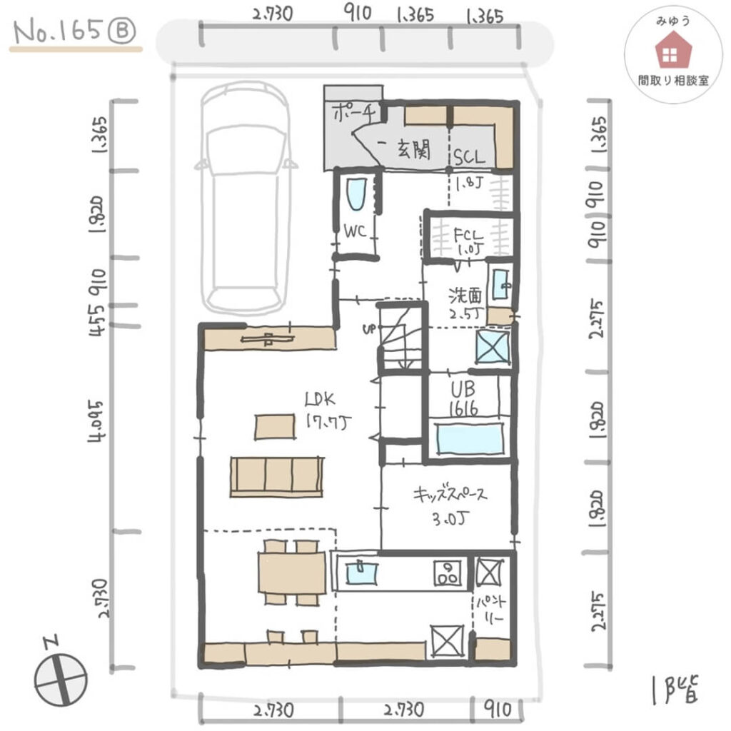 吹抜けでリビングダイニングに光を取り込む都市部住宅の間取り【32坪3LDK2階建】No.165B-寸法有1階