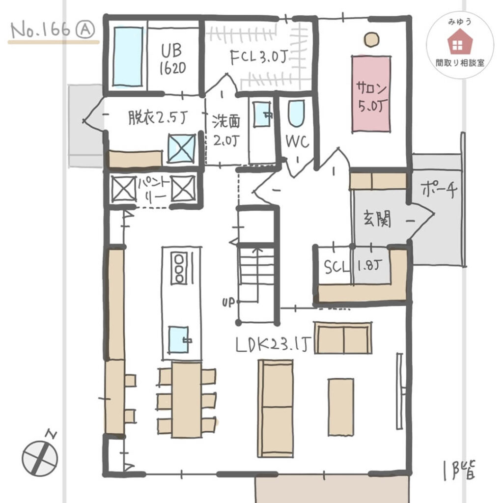 アイランドキッチンとテーブル横並びで開放的なLDKのサロン付き住宅間取り【37坪3LDK2階建】No.166A-1階