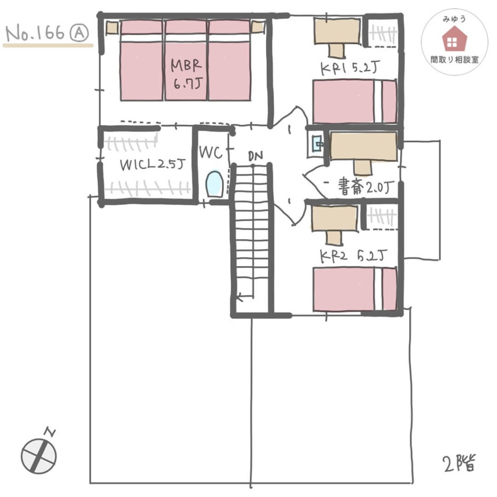 アイランドキッチンとテーブル横並びで開放的なLDKのサロン付き住宅間取り【37坪3LDK2階建】No.166A-2階