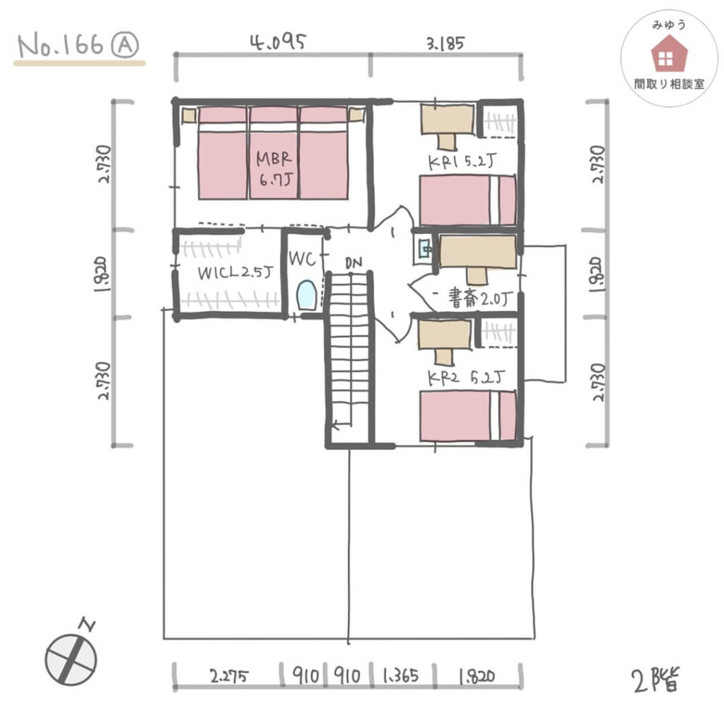 アイランドキッチンとテーブル横並びで開放的なLDKのサロン付き住宅間取り【37坪3LDK2階建】No.166A-寸法有2階