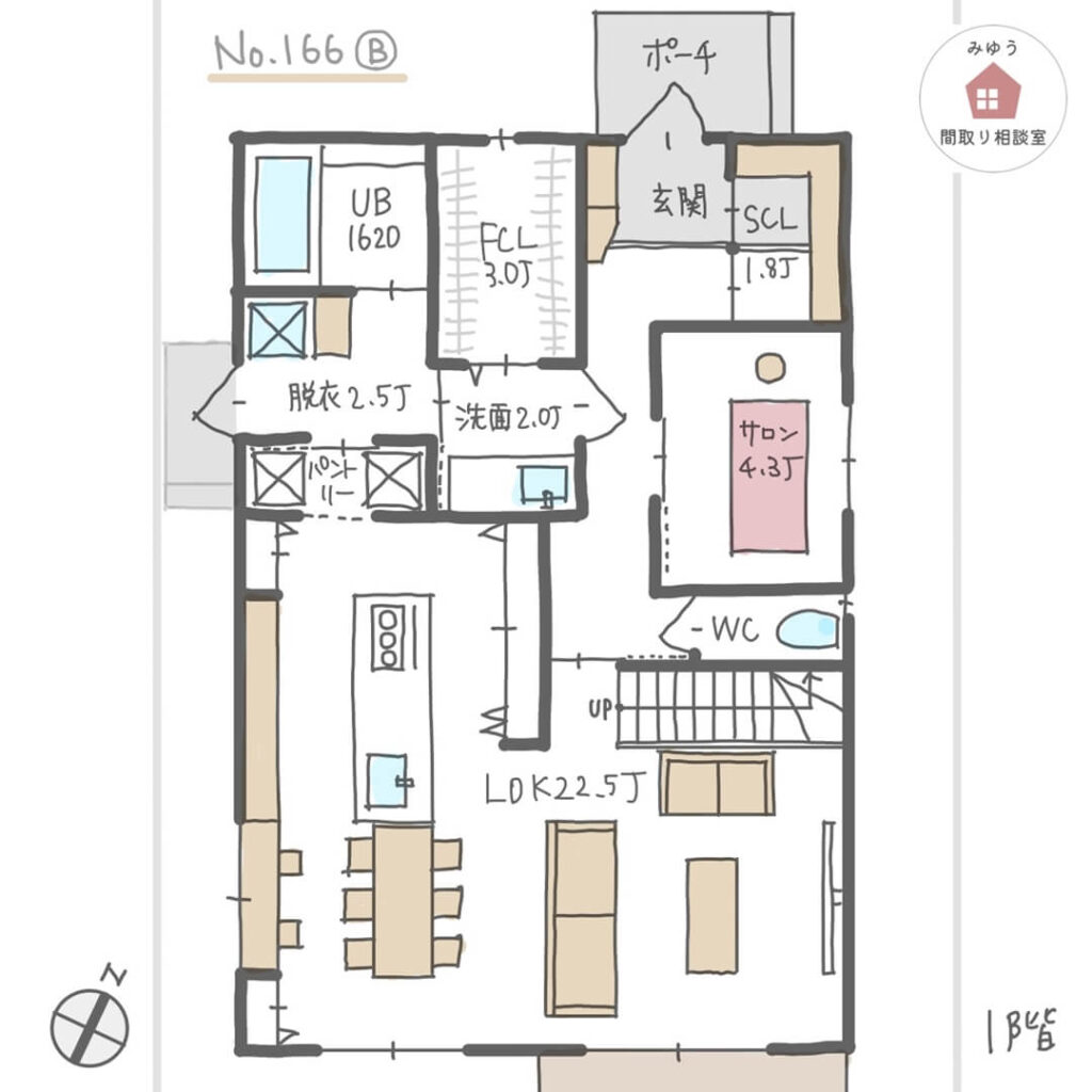 キッチンと水回りが近接し、それぞれに収納が充実したサロン付き住宅間取り【37坪3LDK2階建】No.166B-1階