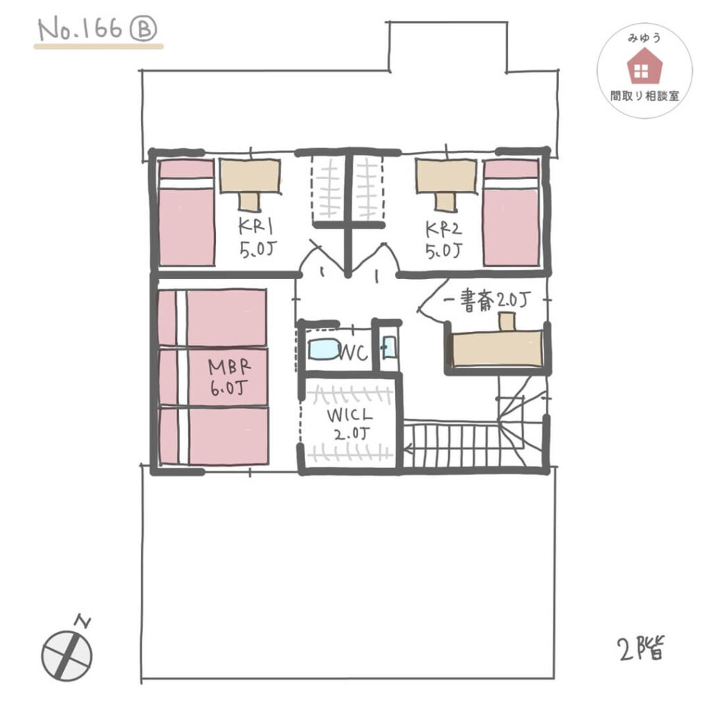 キッチンと水回りが近接し、それぞれに収納が充実したサロン付き住宅間取り【37坪3LDK2階建】No.166B-2階