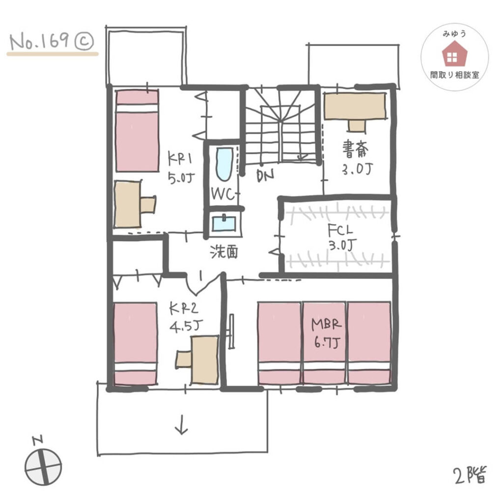 キッチンからリビングダイニングの家族の様子が見やすい間取り【32坪3LDK2階建】No.169C-2階