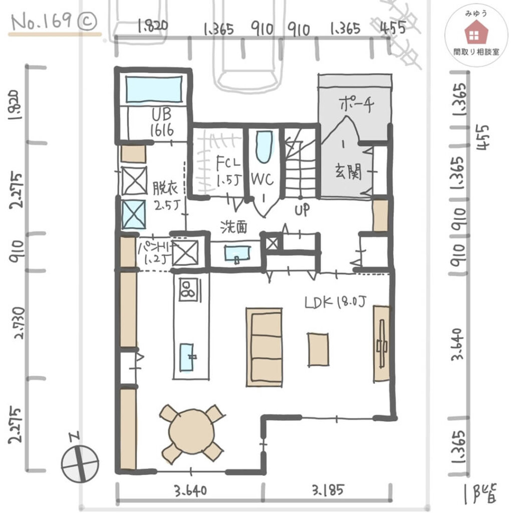 キッチンからリビングダイニングの家族の様子が見やすい間取り【32坪3LDK2階建】No.169C-寸法有1階