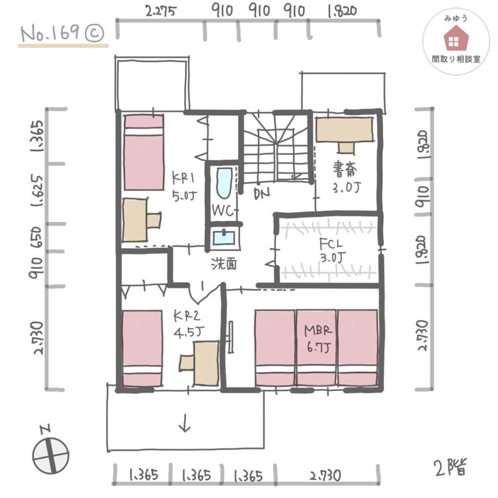 キッチンからリビングダイニングの家族の様子が見やすい間取り【32坪3LDK2階建】No.169C-寸法有2階