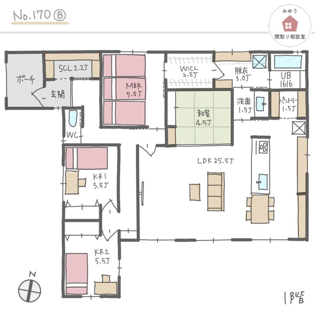 主寝室からファミリークローゼット経由で水回りに入れる平屋間取り【35坪4LDK平屋建】No.170B-1階