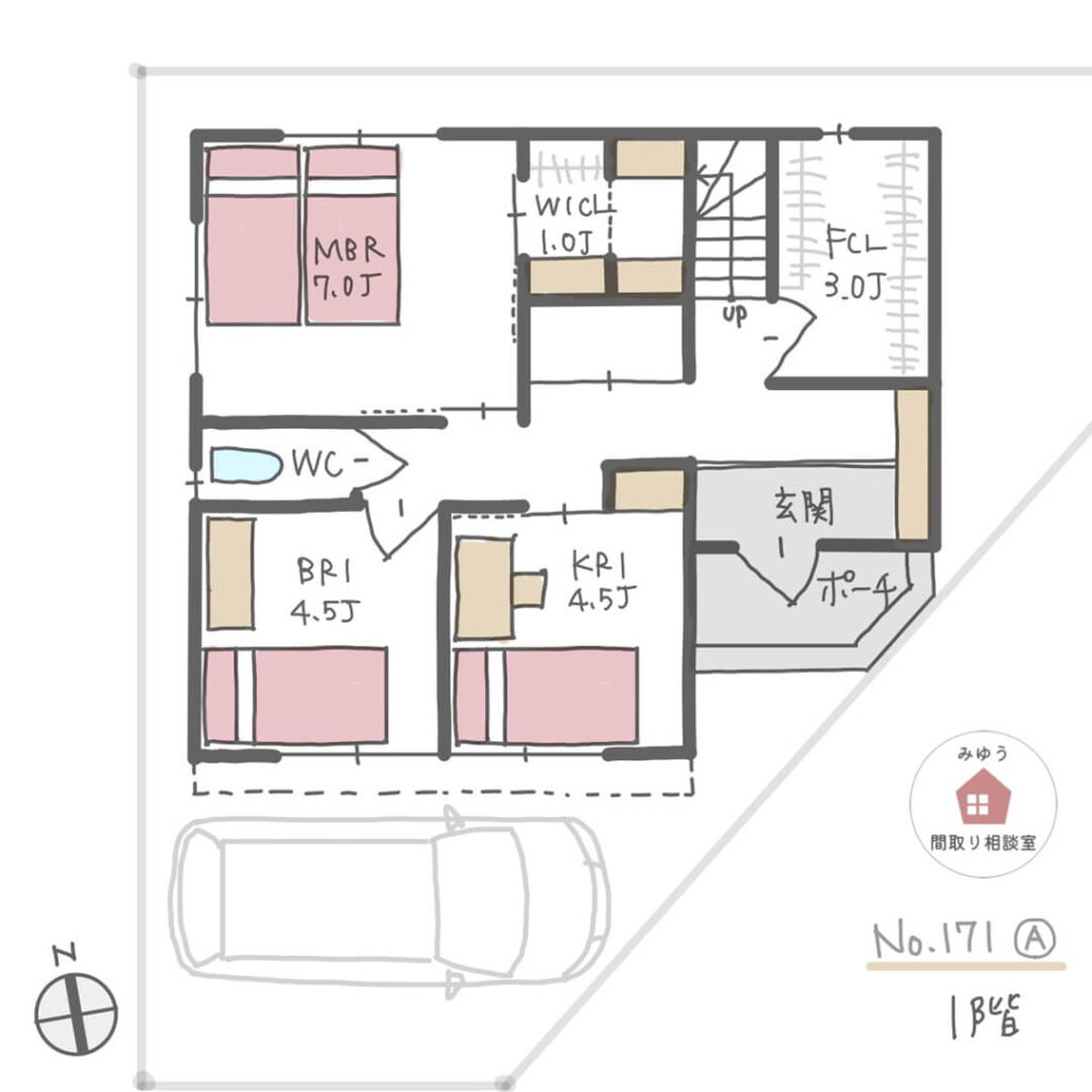 ２階リビングでリビング横にスタディスペース用のフリースペースを設けた３階建住宅間取り【37坪5LDK3階建】No.171A-1階