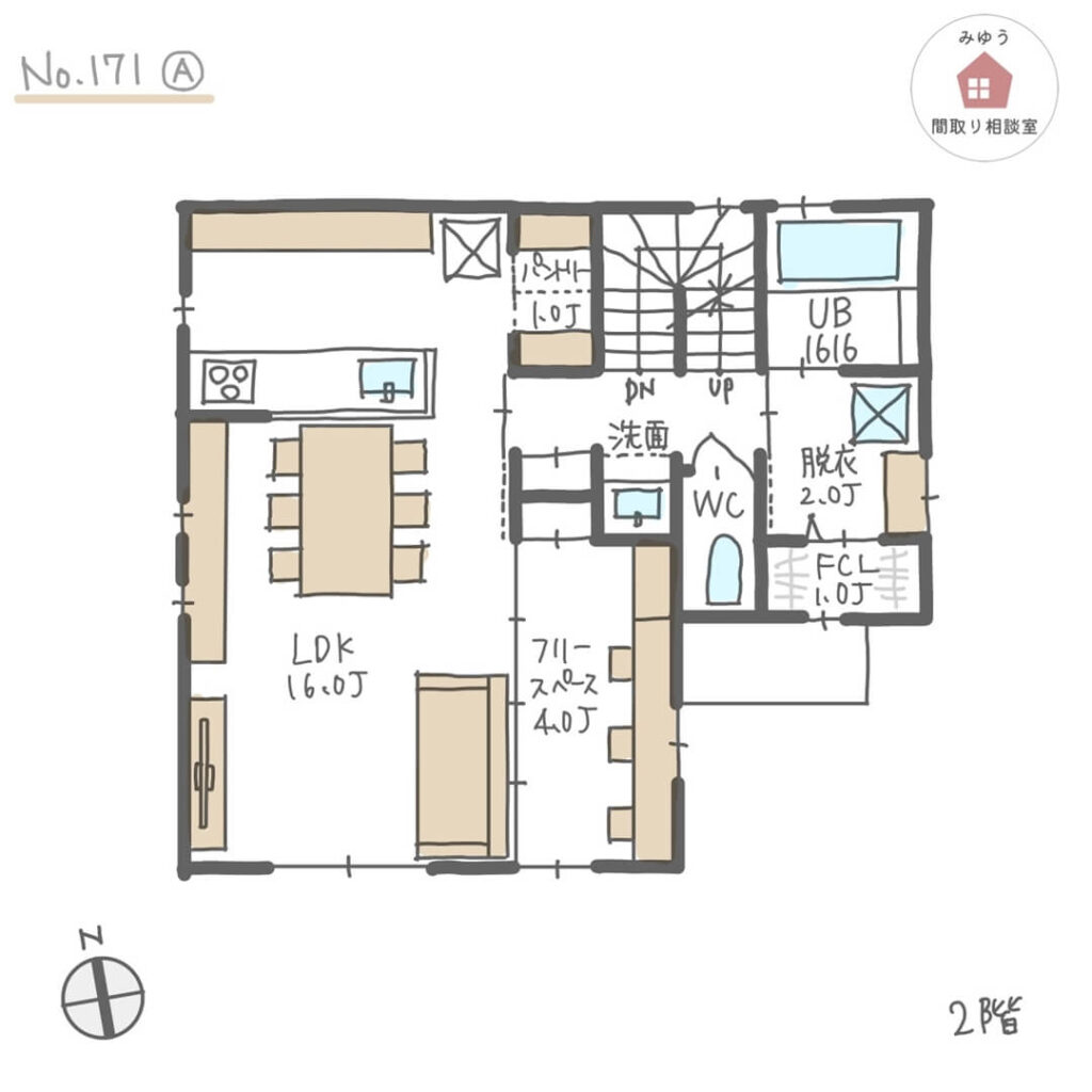 ２階リビングでリビング横にスタディスペース用のフリースペースを設けた３階建住宅間取り【37坪5LDK3階建】No.171A-2階