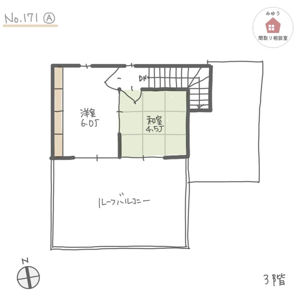 ２階リビングでリビング横にスタディスペース用のフリースペースを設けた３階建住宅間取り【37坪5LDK3階建】No.171A-3階