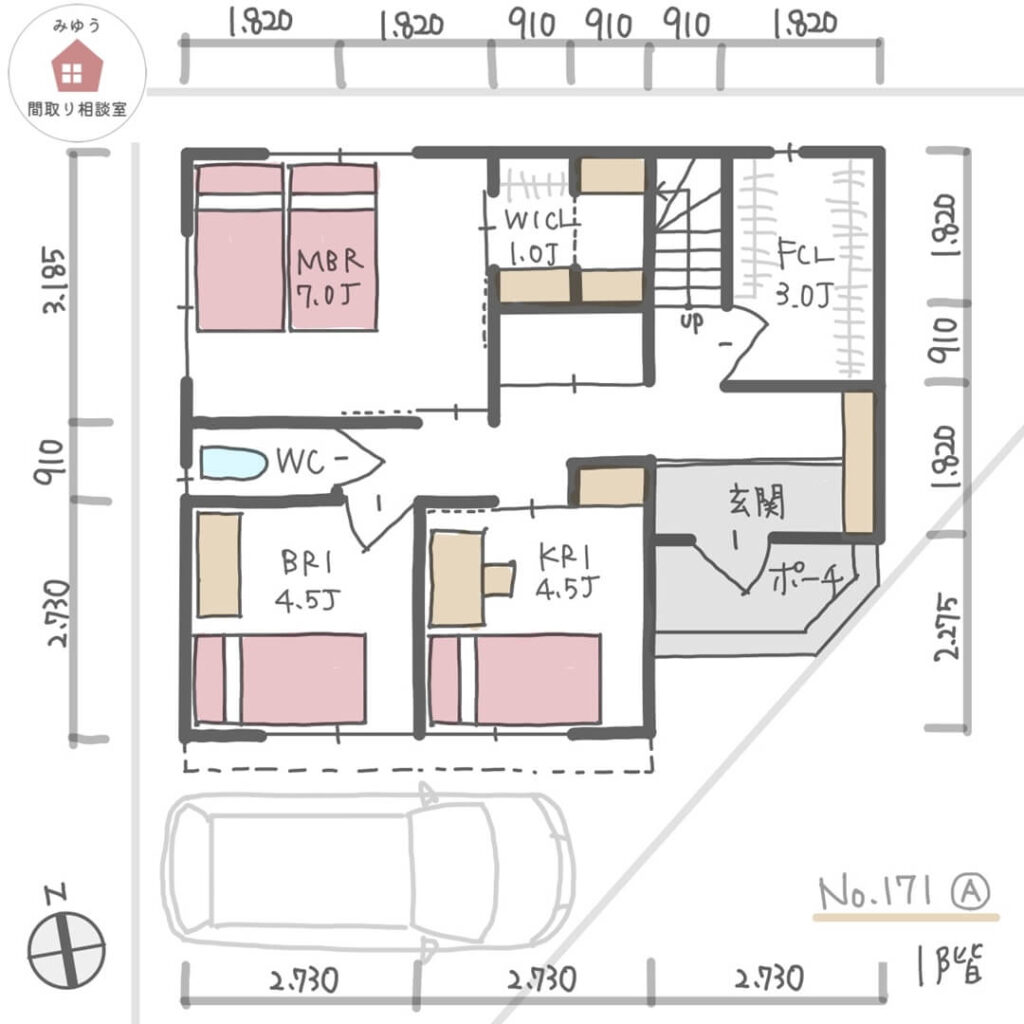 ２階リビングでリビング横にスタディスペース用のフリースペースを設けた３階建住宅間取り【37坪5LDK3階建】No.171A-寸法有1階