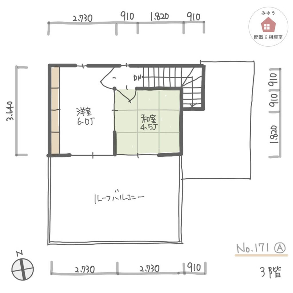 ２階リビングでリビング横にスタディスペース用のフリースペースを設けた３階建住宅間取り【37坪5LDK3階建】No.171A-寸法有3階