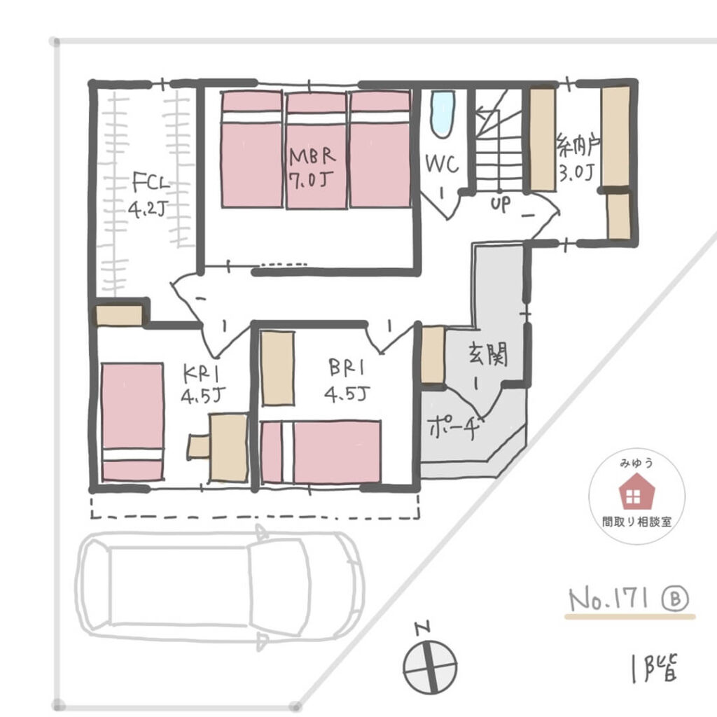 ３階建住宅で２階にLDKと水回りを集中させた家事ラク間取り【38坪5LDK3階建】No.171B-1階