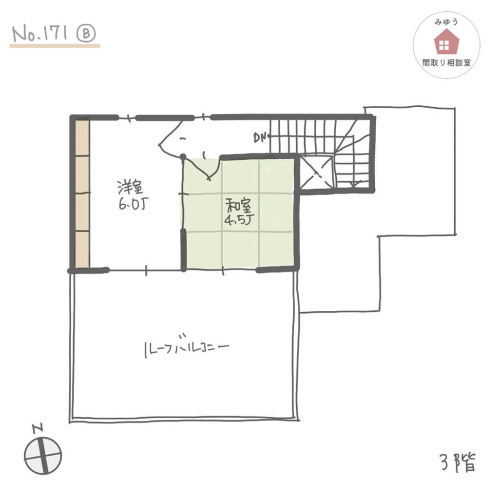 ３階建住宅で２階にLDKと水回りを集中させた家事ラク間取り【38坪5LDK3階建】No.171B-3階