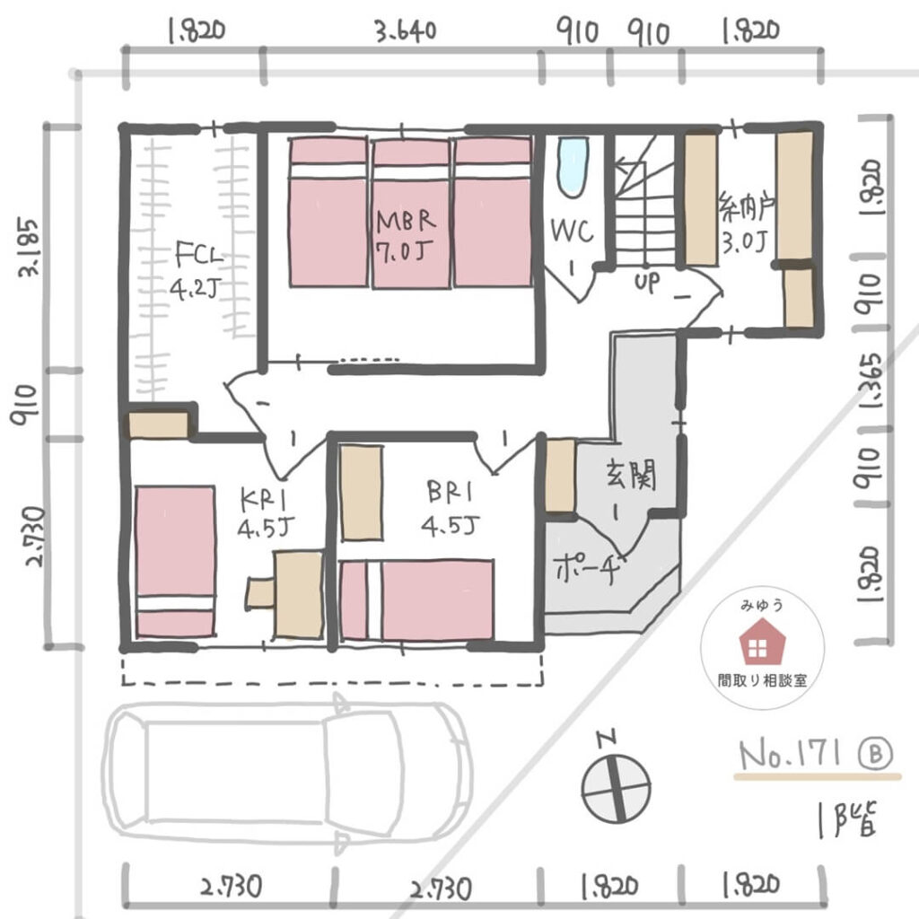 ３階建住宅で２階にLDKと水回りを集中させた家事ラク間取り【38坪5LDK3階建】No.171B-寸法有1階