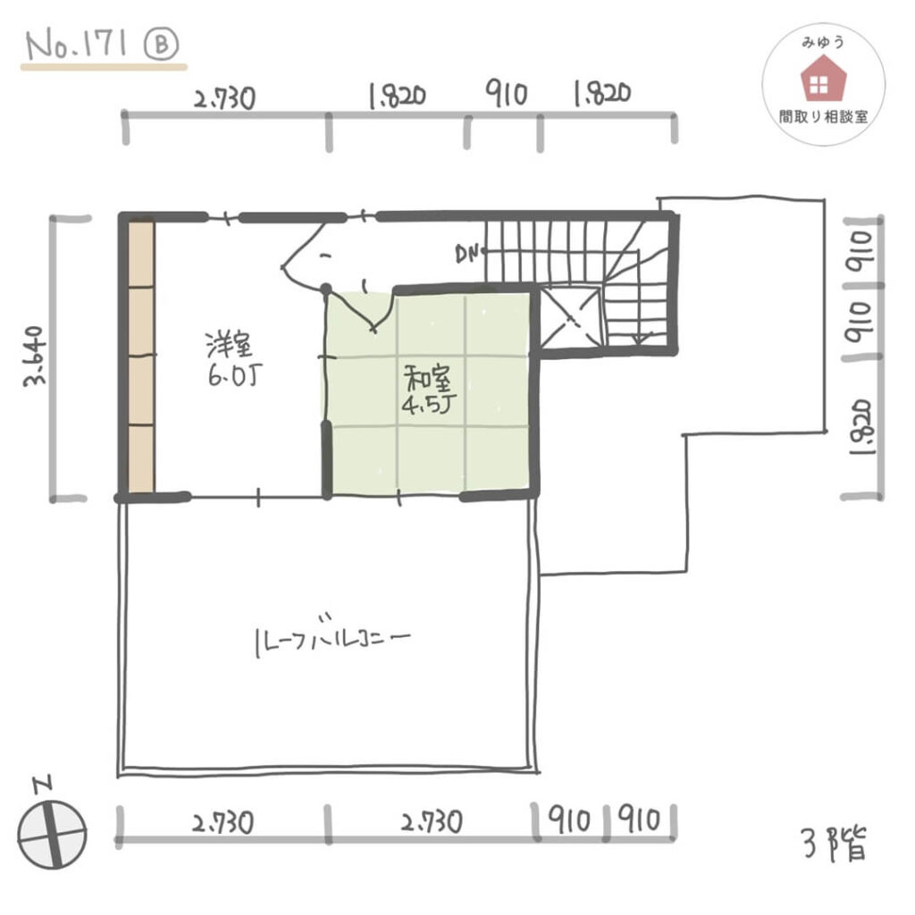 ３階建住宅で２階にLDKと水回りを集中させた家事ラク間取り【38坪5LDK3階建】No.171B-寸法有3階