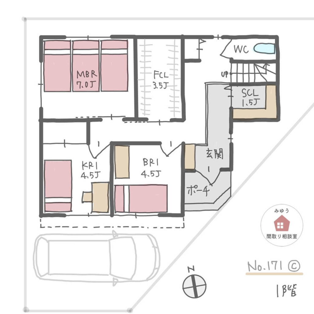 個室フロアの１階と２階洗面所の隣にファミリークローゼットがある収納充実間取り【39坪5LDK3階建】No.171C-1階