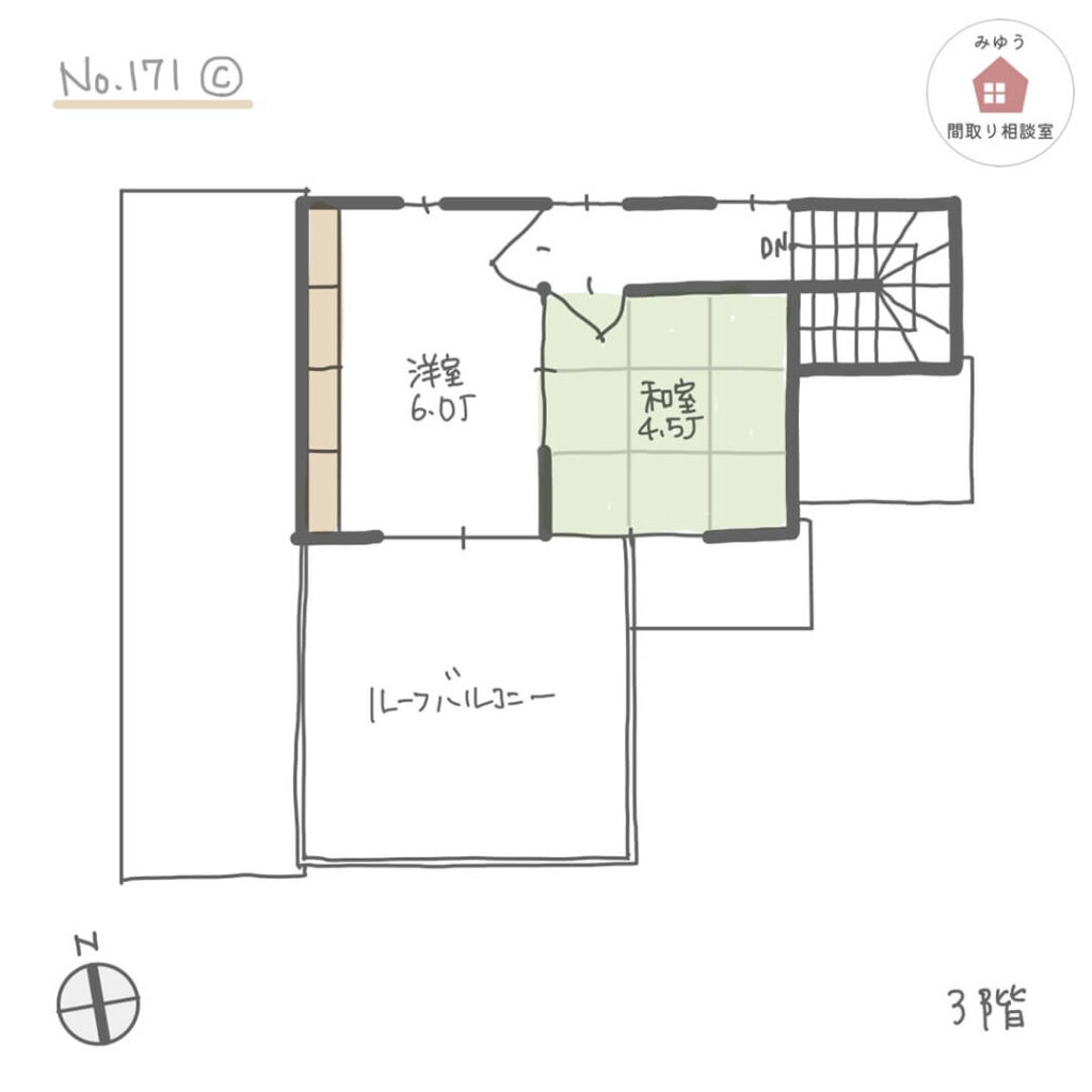 個室フロアの１階と２階洗面所の隣にファミリークローゼットがある収納充実間取り【39坪5LDK3階建】No.171C-3階