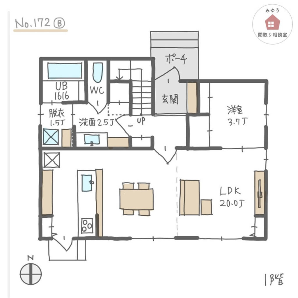 吹抜けリビングで開放感ある、南面ＬＤＫ直線配置間取り【33坪4LDK2階建】No.172B-1階