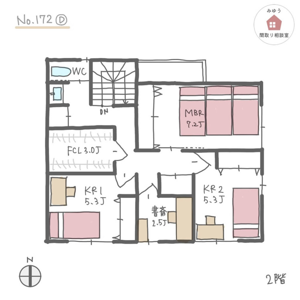 LDK直線配置でリビング横に仕切れる洋室がある総二階間取り【35坪4LDK2階建】No.172D-2階