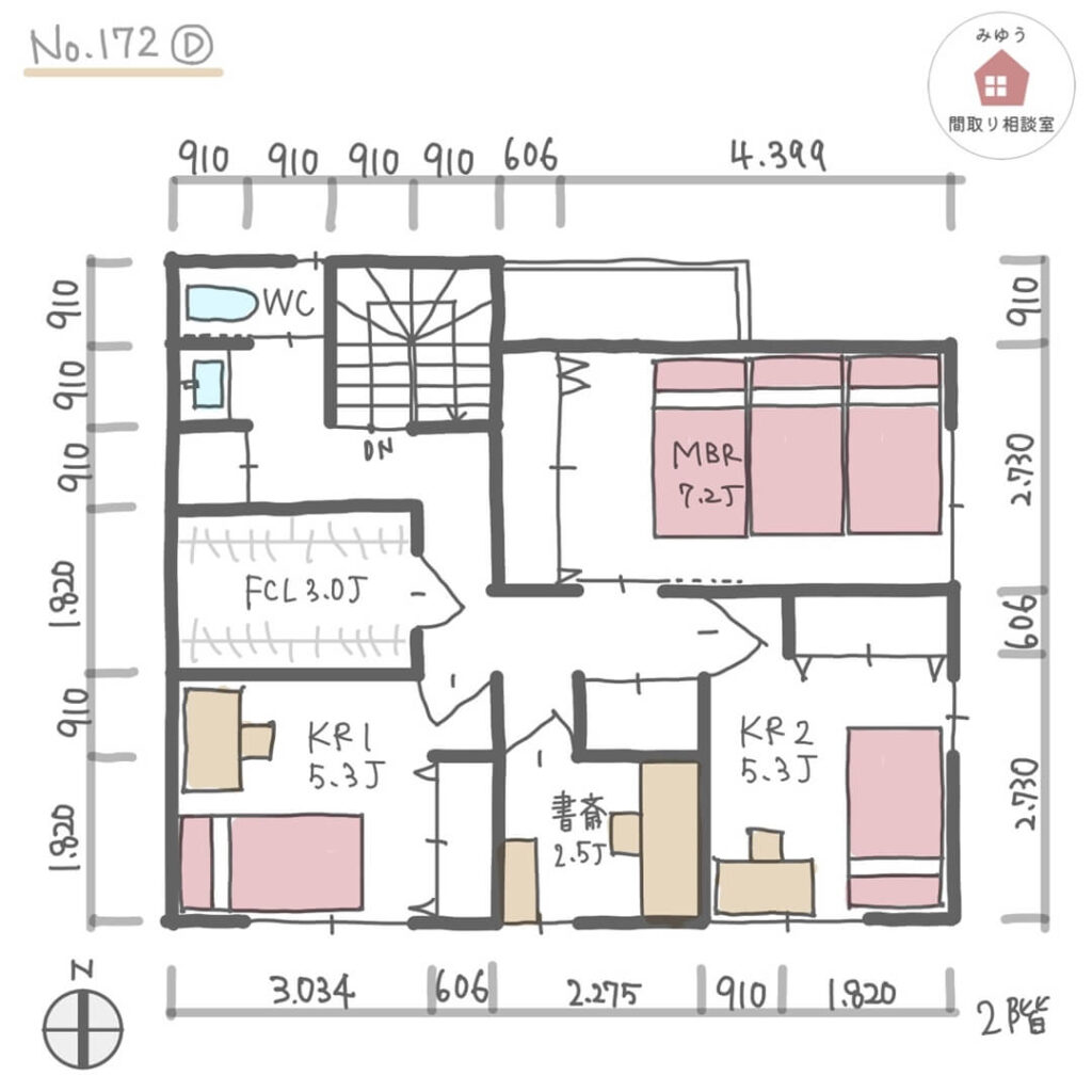 LDK直線配置でリビング横に仕切れる洋室がある総二階間取り【35坪4LDK2階建】No.172D-寸法有2階
