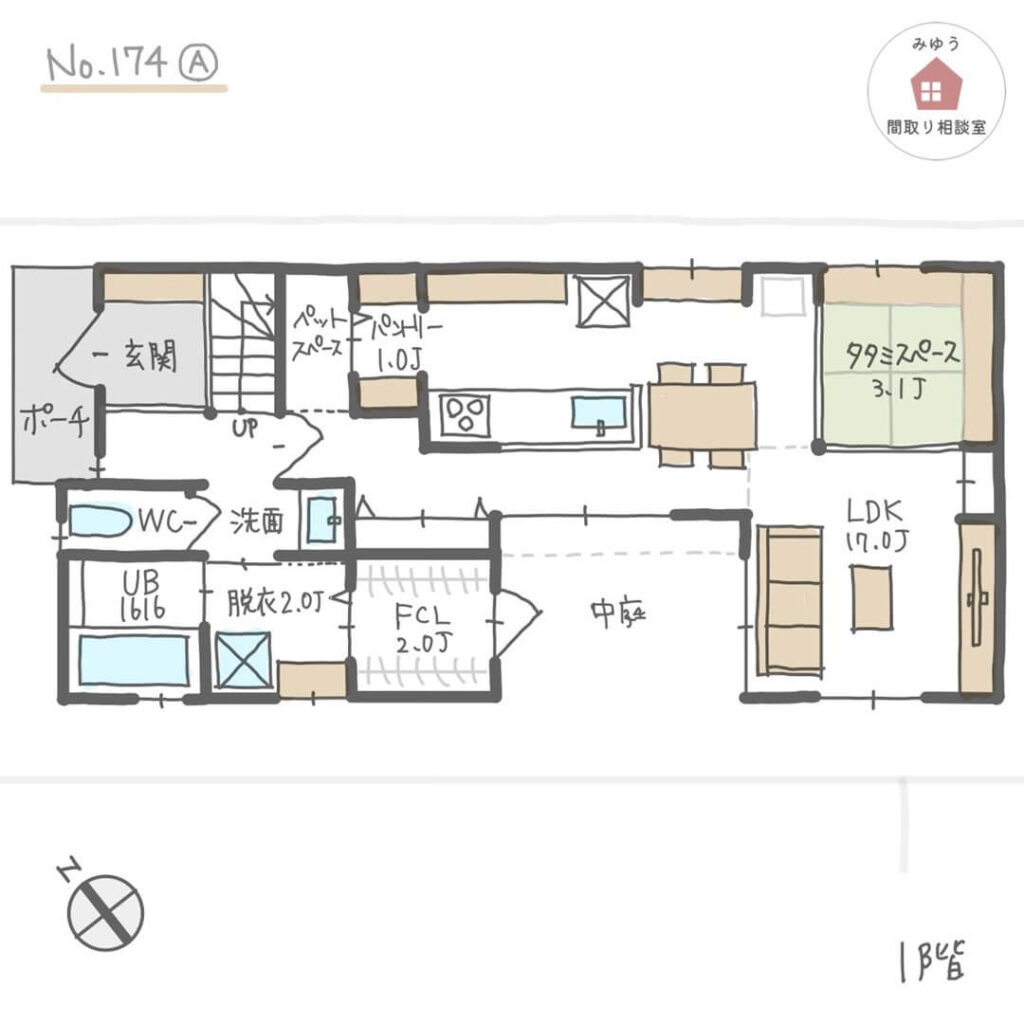 キッチン周りが回遊できて、LDKから中庭を楽しめる間取り【27坪4LDK2階建】No.174A-1階