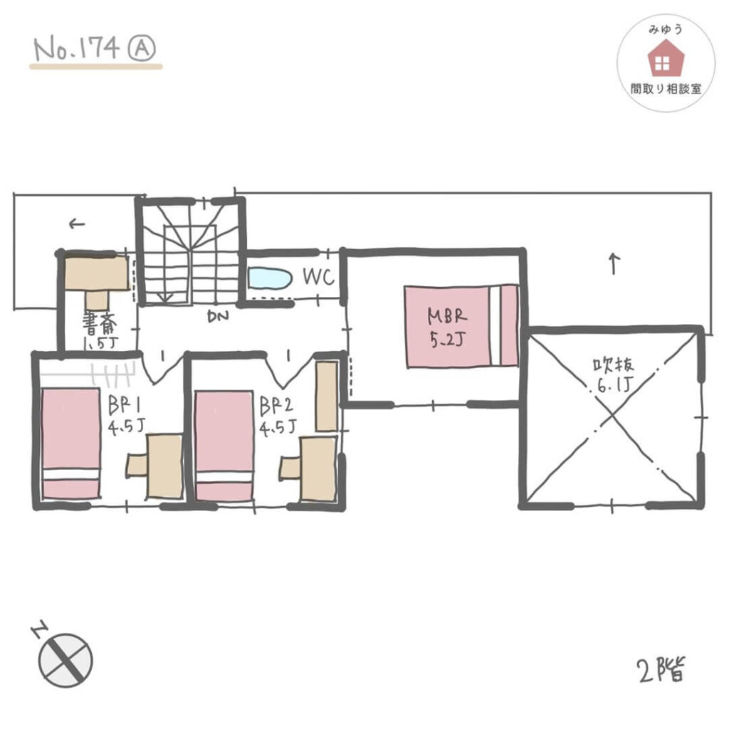 キッチン周りが回遊できて、LDKから中庭を楽しめる間取り【27坪4LDK2階建】No.174A-2階