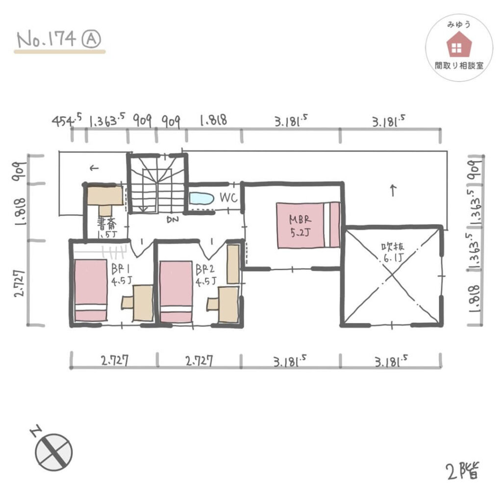 キッチン周りが回遊できて、LDKから中庭を楽しめる間取り【27坪4LDK2階建】No.174A-寸法有2階