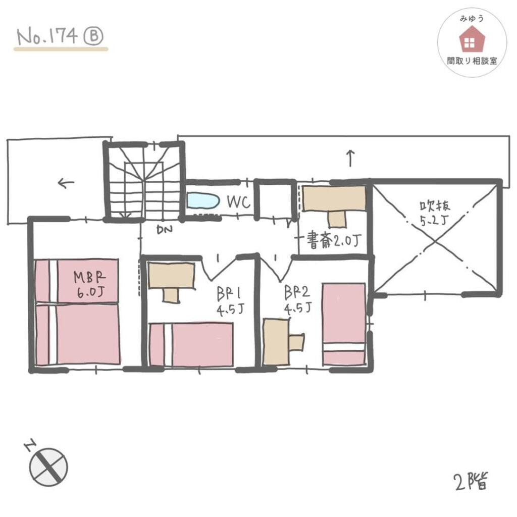 吹抜けリビングと畳スペースから庭に出られる間取り【27坪4LDK2階建】No.174B-2階